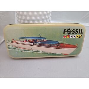 Vintage Runabout Boat Fossil Watch Box Tin 1990s